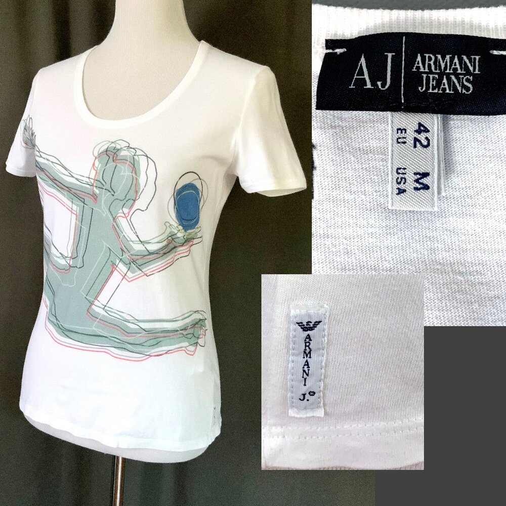 Armani Jeans White Cotton Graphic Short Sleeve Tee Sz M - Picture 3 of 16